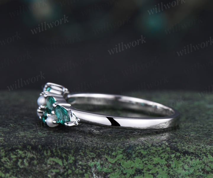 Vintage marquise emerald wedding band pearl cluster stackable ring unique matching band May birthstone ring