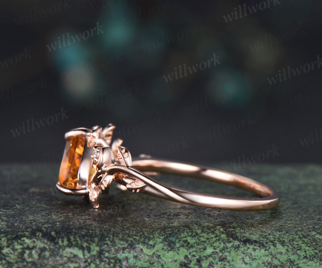 Heart shaped yellow citrine engagement ring rose gold twig leaf Nature inspired moon diamond anniversary ring women gift