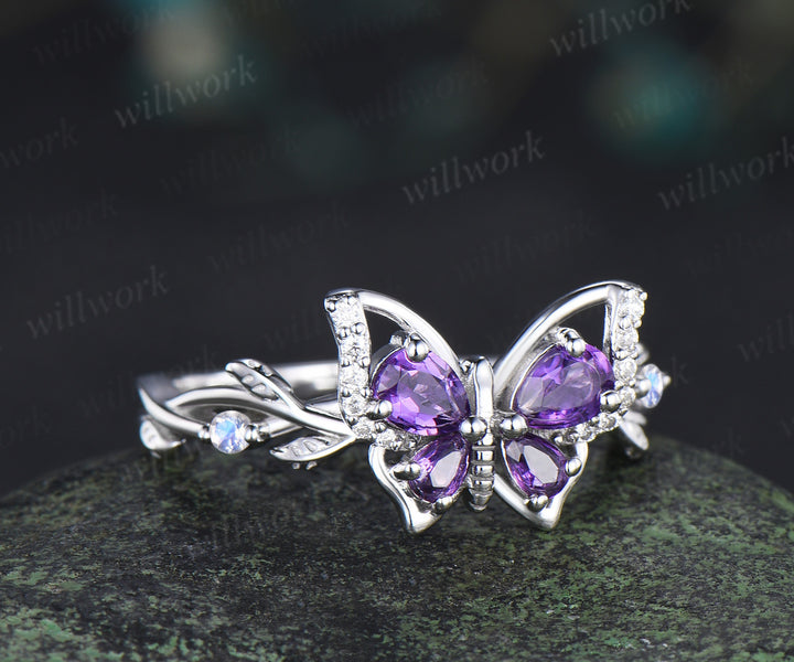 Butterfly pear purple amethyst engagement ring vintage moonstone nature inspired leaf bridal wedding ring