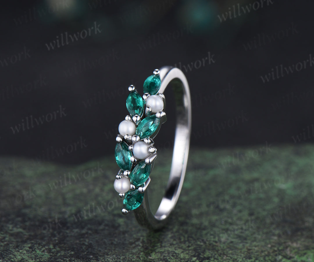 Vintage marquise emerald wedding band pearl cluster stackable ring unique matching band May birthstone ring
