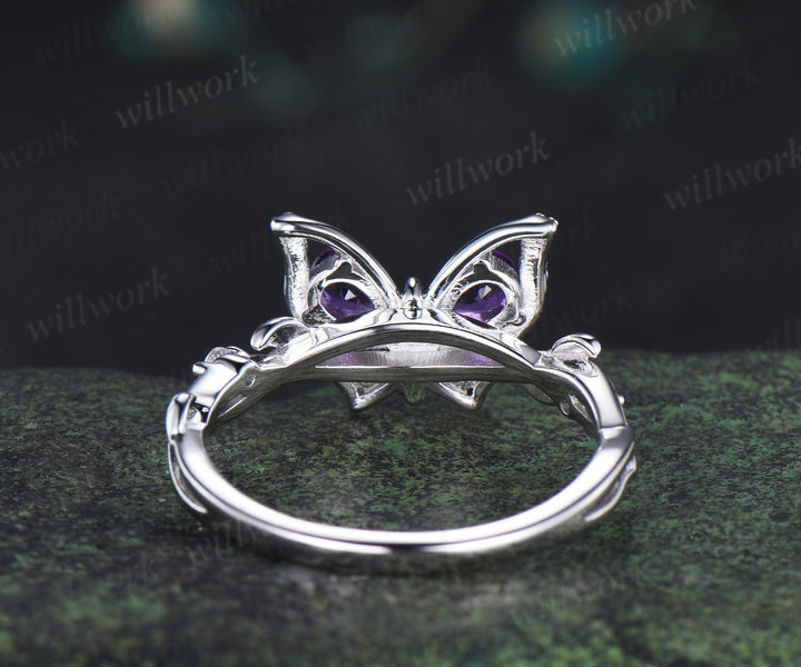 Butterfly pear purple amethyst engagement ring vintage moonstone nature inspired leaf bridal wedding ring