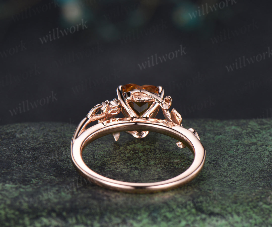 Heart shaped yellow citrine engagement ring rose gold twig leaf Nature inspired moon diamond anniversary ring women gift