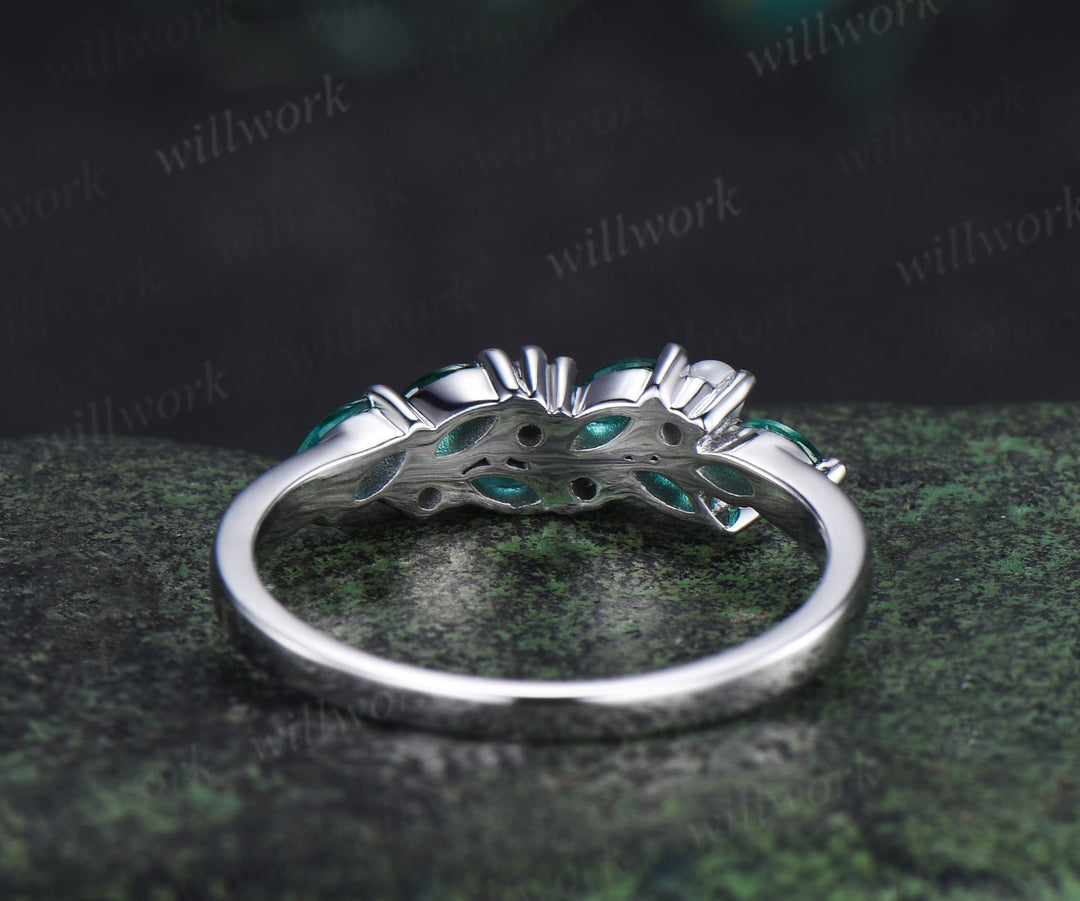 Vintage marquise emerald wedding band pearl cluster stackable ring unique matching band May birthstone ring