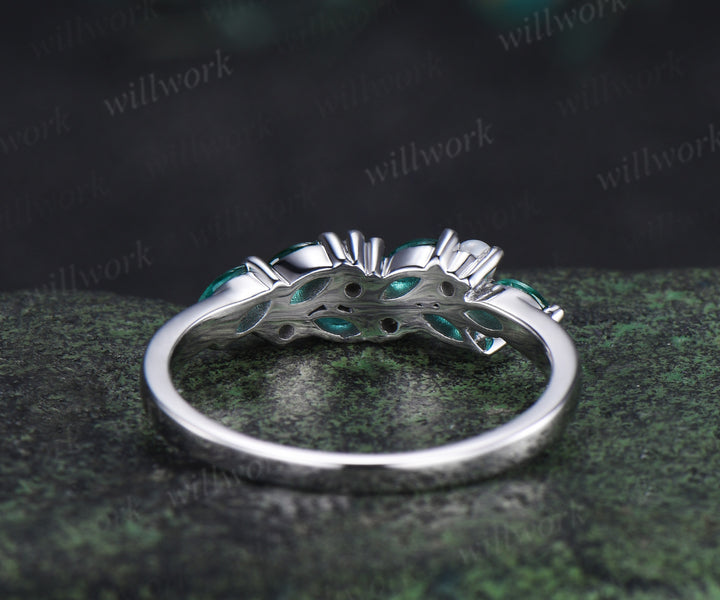 Vintage marquise emerald wedding band pearl cluster stackable ring unique matching band May birthstone ring