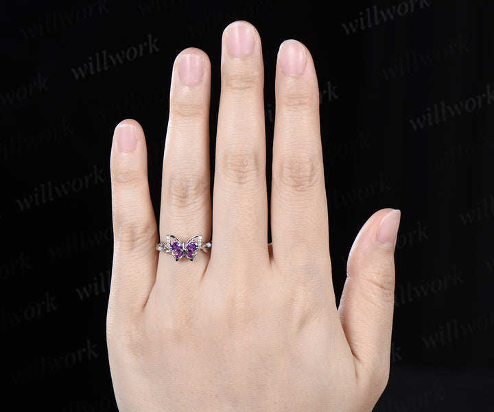 Butterfly pear purple amethyst engagement ring vintage moonstone nature inspired leaf bridal wedding ring
