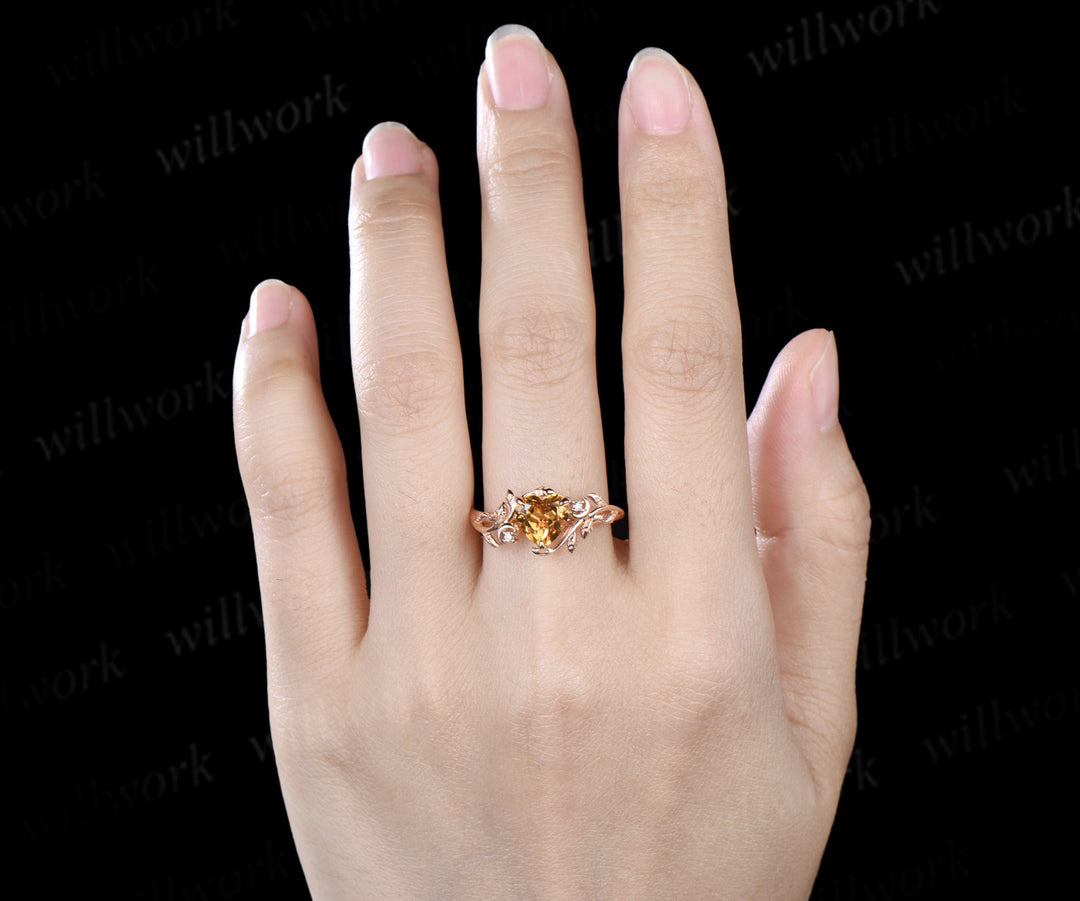 Heart shaped yellow citrine engagement ring rose gold twig leaf Nature inspired moon diamond anniversary ring women gift