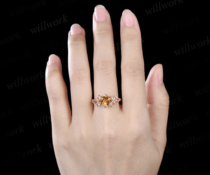 Heart shaped yellow citrine engagement ring rose gold twig leaf Nature inspired moon diamond anniversary ring women gift