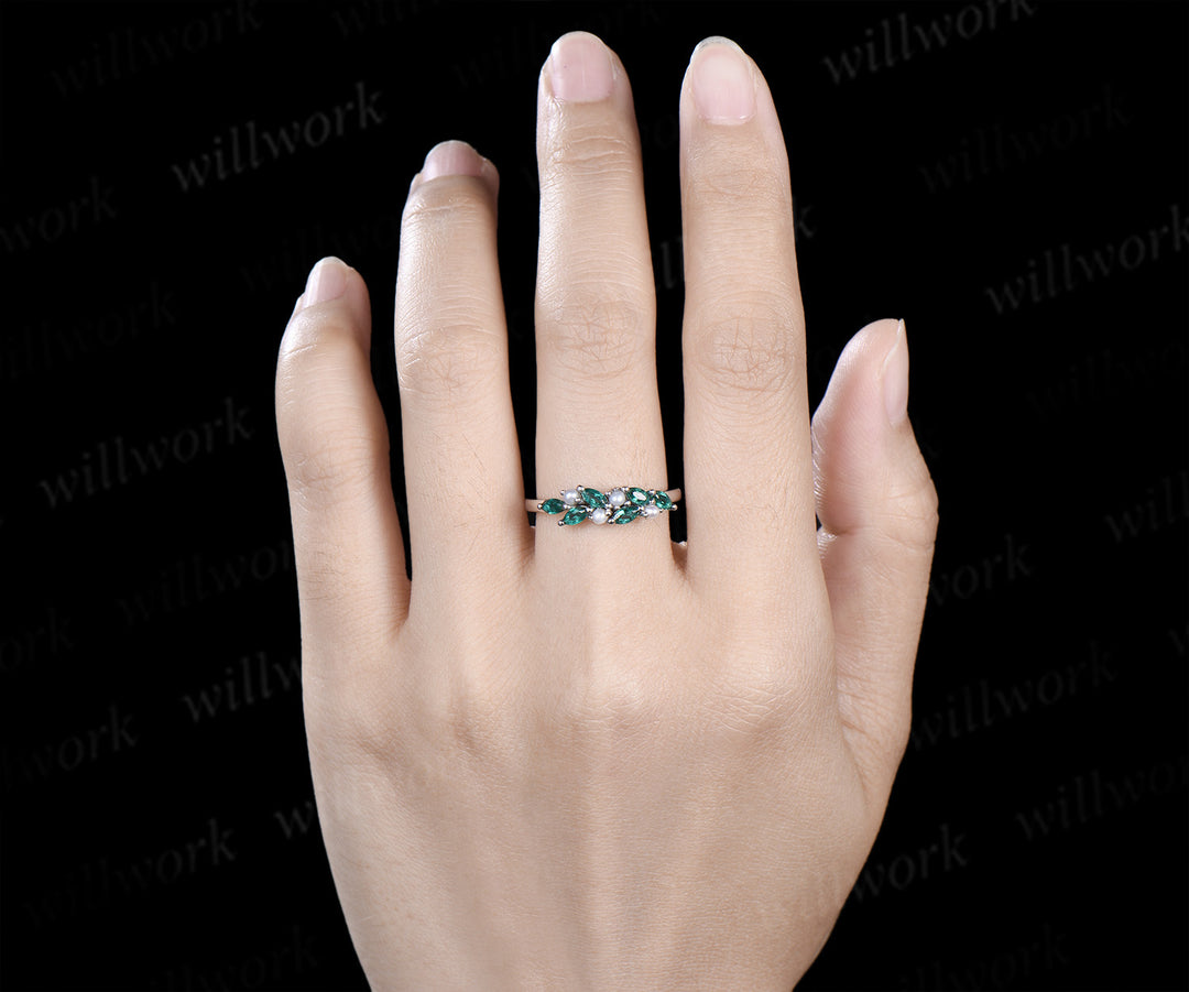 Vintage marquise emerald wedding band pearl cluster stackable ring unique matching band May birthstone ring