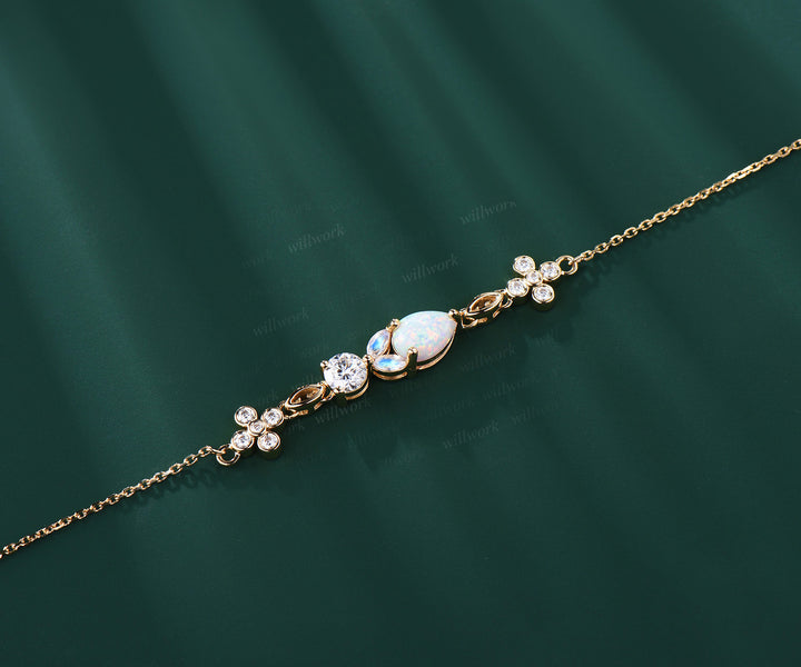 Unique Gemstone White Opal Chain Bracelet Flower 14k Solid yellow Gold Moonstone Moissanite Link Bracelet Adjustable Bracelet Gift For Her