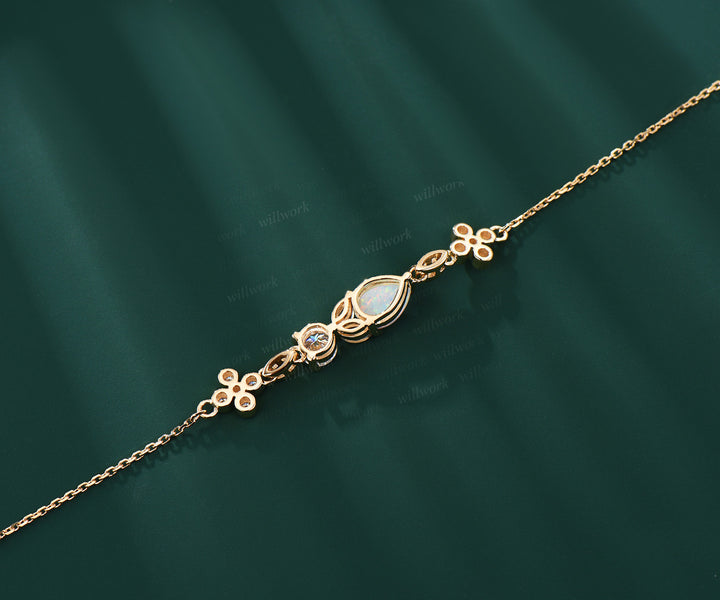 Unique Gemstone White Opal Chain Bracelet Flower 14k Solid yellow Gold Moonstone Moissanite Link Bracelet Adjustable Bracelet Gift For Her