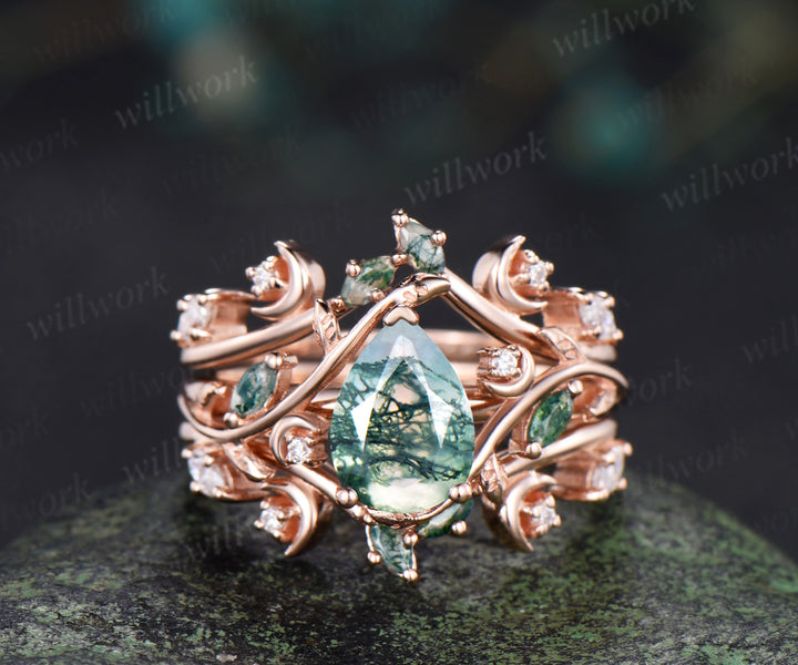 Pear moss agate engagement ring set rose gold leaf moon moissanite ring double layer enhancer wraps band unique brial set