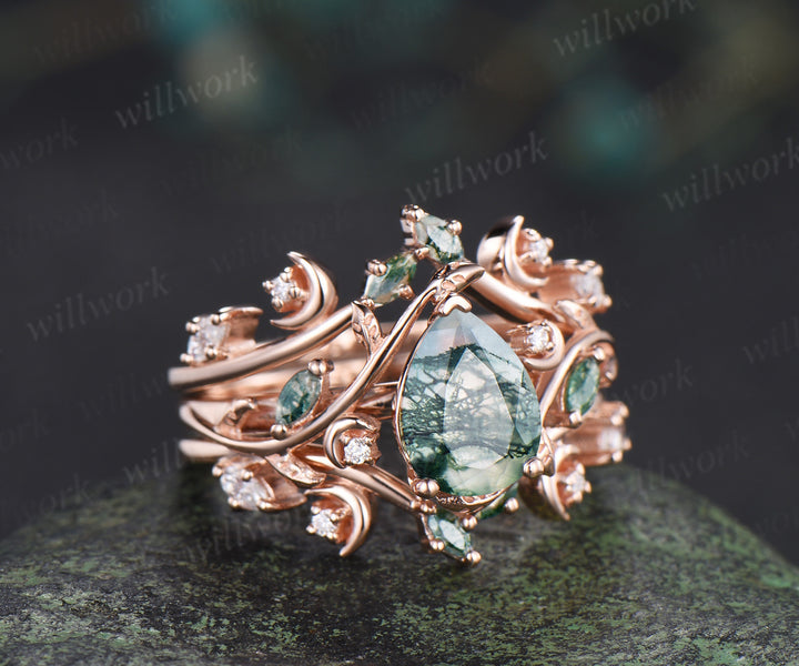 Pear moss agate engagement ring set rose gold leaf moon moissanite ring double layer enhancer wraps band unique brial set