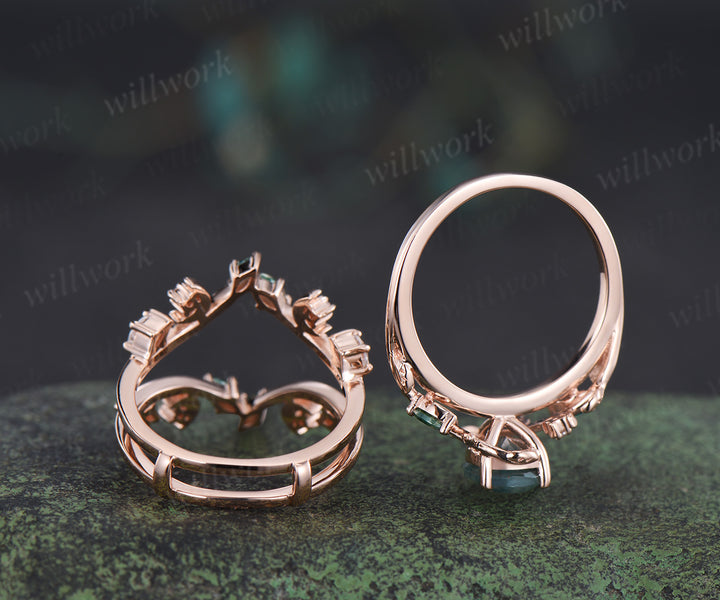Pear moss agate engagement ring set rose gold leaf moon moissanite ring double layer enhancer wraps band unique brial set