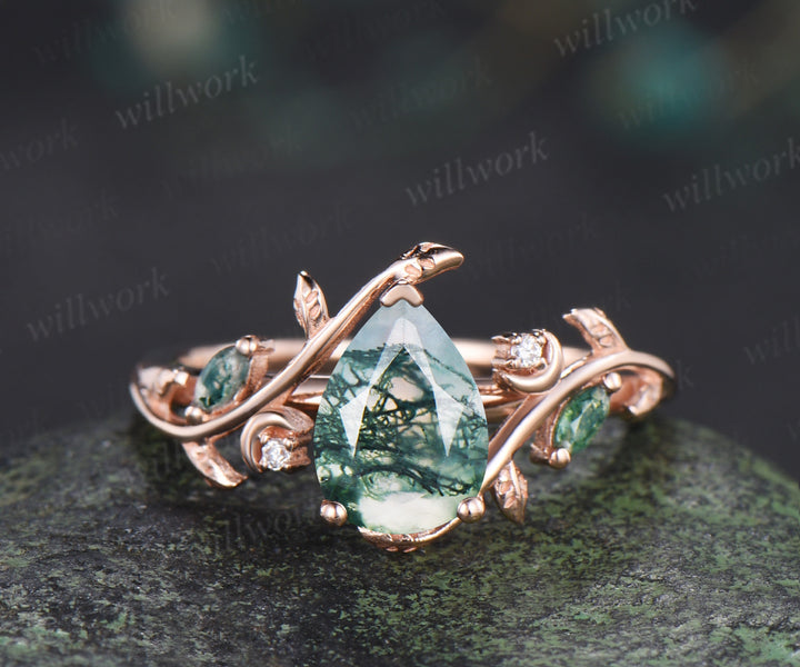 Pear moss agate engagement ring set rose gold leaf moon moissanite ring double layer enhancer wraps band unique brial set