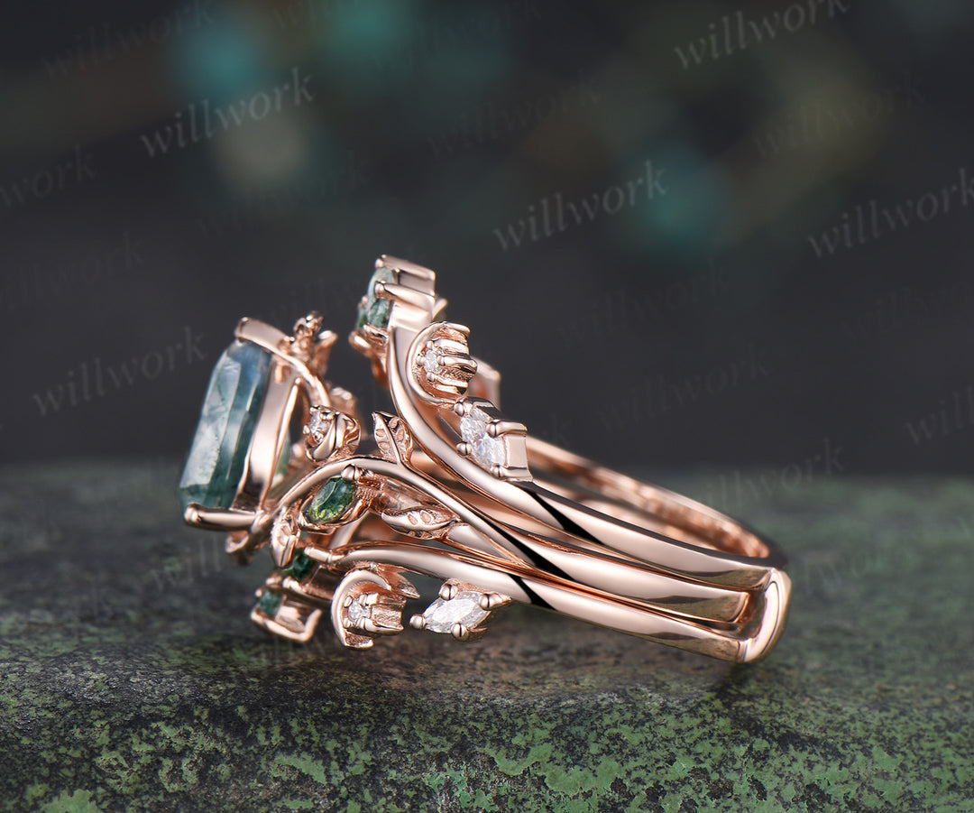 Pear moss agate engagement ring set rose gold leaf moon moissanite ring double layer enhancer wraps band unique brial set