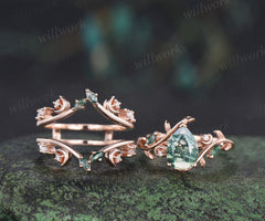 Pear moss agate engagement ring set rose gold leaf moon moissanite ring double layer enhancer wraps band unique brial set