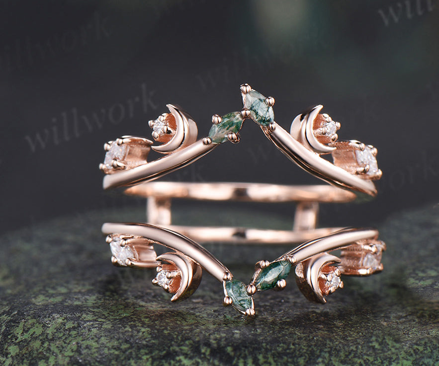 Pear moss agate engagement ring set rose gold leaf moon moissanite ring double layer enhancer wraps band unique brial set