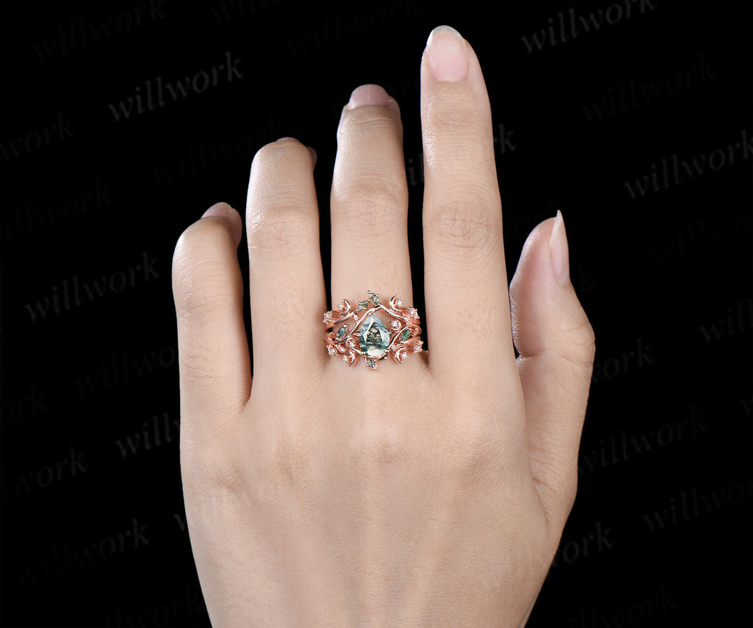 Pear moss agate engagement ring set rose gold leaf moon moissanite ring double layer enhancer wraps band unique brial set