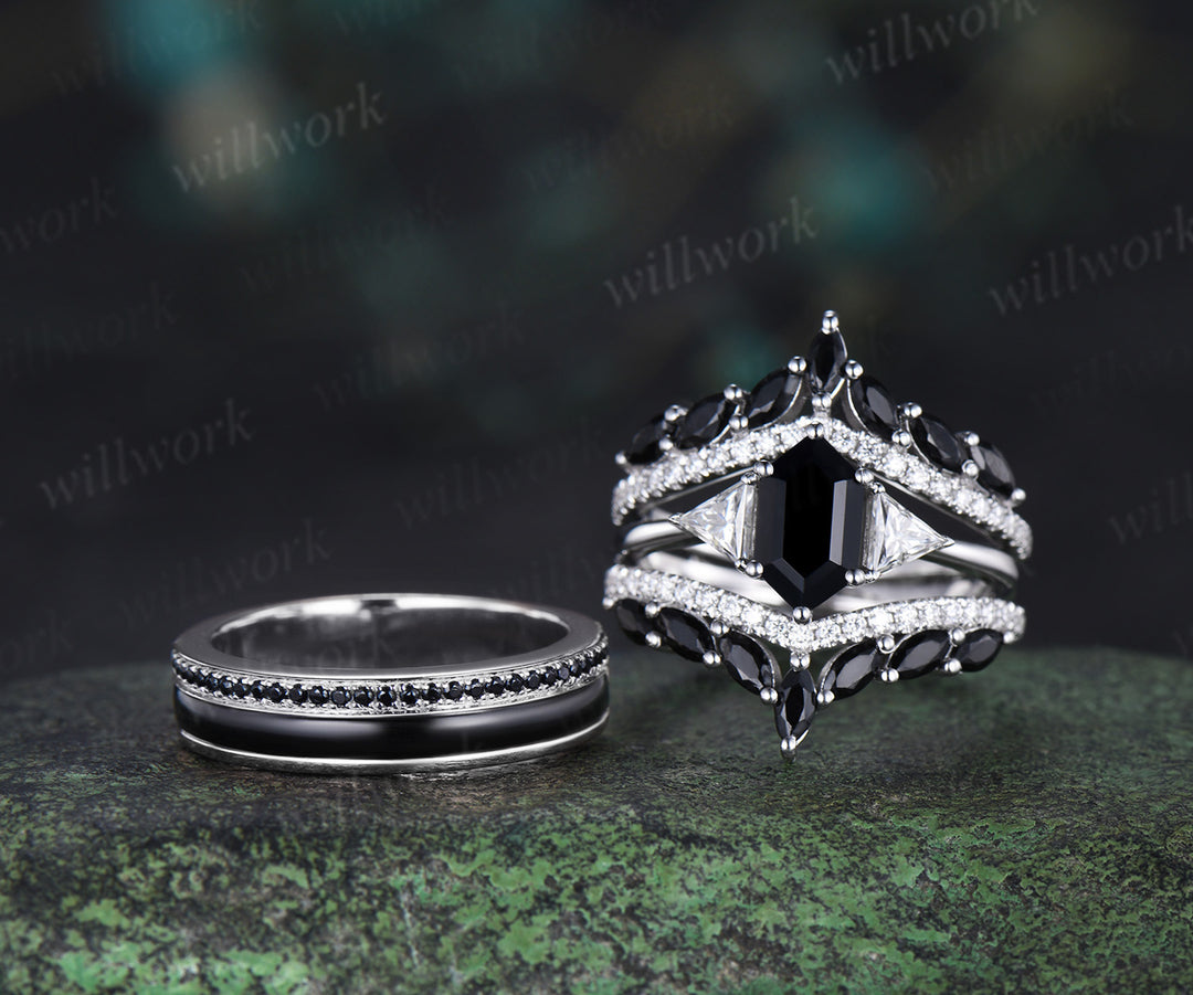 Long Hexagon Black Onyx Bridal Ring Set & Full Eternity Black Onyx Black Spinels Men Ring Classic Couple Ring Set