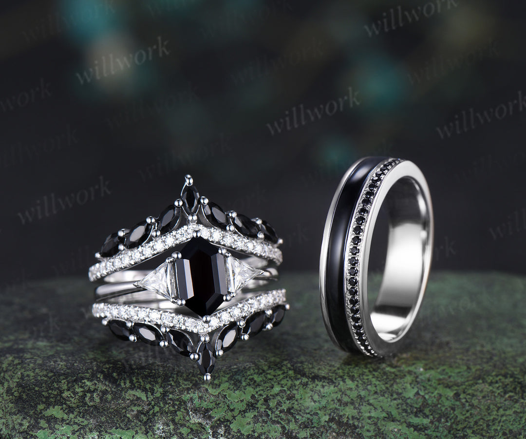 Long Hexagon Black Onyx Bridal Ring Set & Full Eternity Black Onyx Black Spinels Men Ring Classic Couple Ring Set