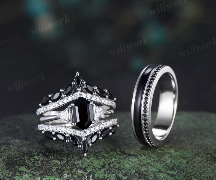 Long Hexagon Black Onyx Bridal Ring Set & Full Eternity Black Onyx Black Spinels Men Ring Classic Couple Ring Set