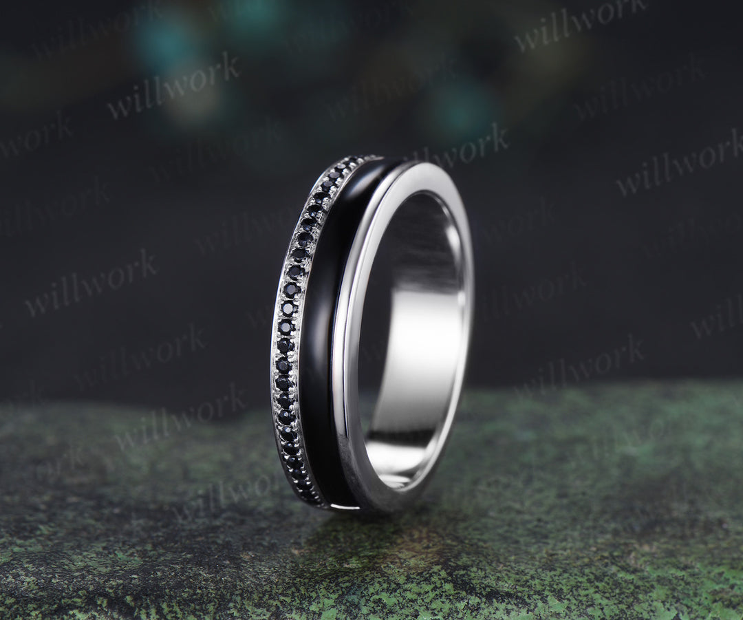 Long Hexagon Black Onyx Bridal Ring Set & Full Eternity Black Onyx Black Spinels Men Ring Classic Couple Ring Set