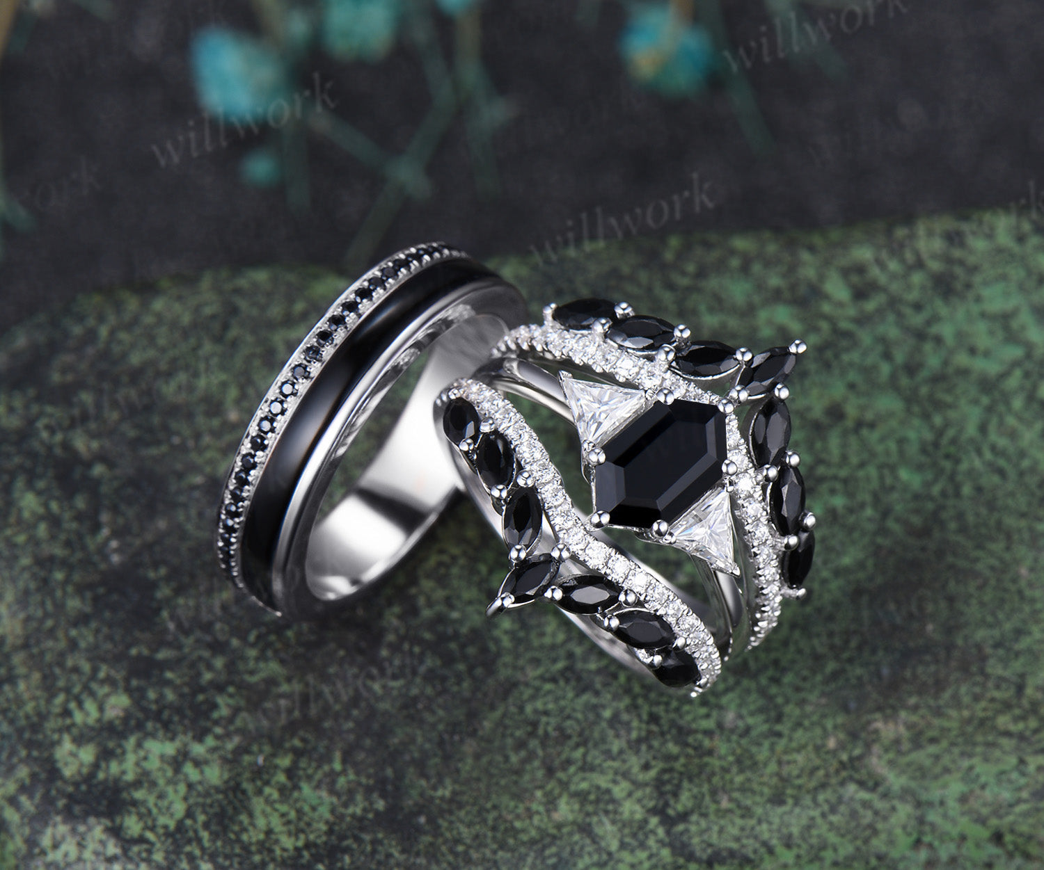 Long Hexagon Black Onyx Bridal Ring Set & Half Eternity Black Onyx Bla ...