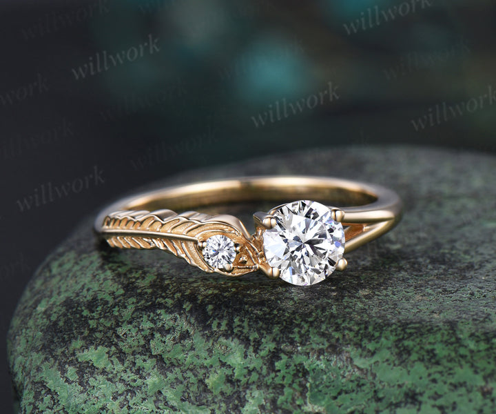 Vintage round cut Lab grown diamond Engagement Ring solid 14k yellow gold Peacock Feather two stone wedding promise ring women gift