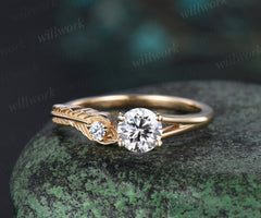Vintage round cut IGI Lab grown diamond Engagement Ring solid 14k yellow gold Peacock Feather You and me wedding promise ring women gift