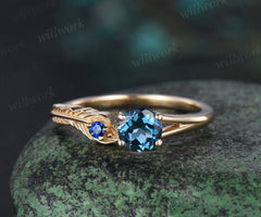 Vintage round cut London blue topaz Engagement Ring solid 14k yellow gold Peacock Feather two stone sapphire Toi et Moi ring women gift