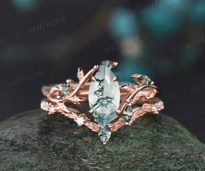 Vintage oval cut green moss agate engagement ring rose gold art deco cluster leaf nature inspired bridal promise wedding ring set women