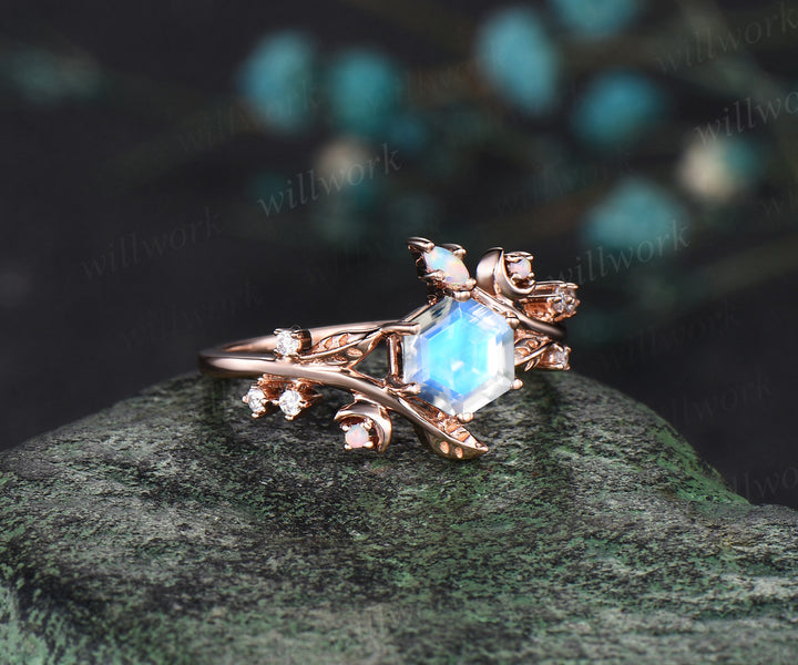 Hexagon cut moonstone engagement ring rose gold twisted leaf moon diamond ring vintage June birthstone anniversary ring women