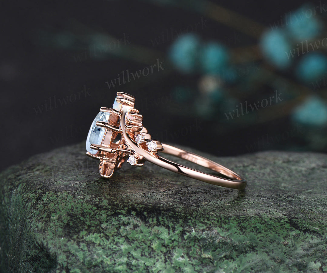 Hexagon cut moonstone engagement ring rose gold twisted leaf moon diamond ring vintage June birthstone anniversary ring women