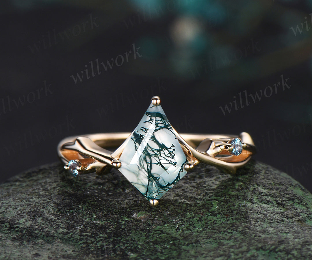 Unique Kite Moss Agate Engagement Ring Vintage Twig Alexandrite Ring Branch Ring yellow Gold Silver Ring Promise Bridal Set Green Agate Ring