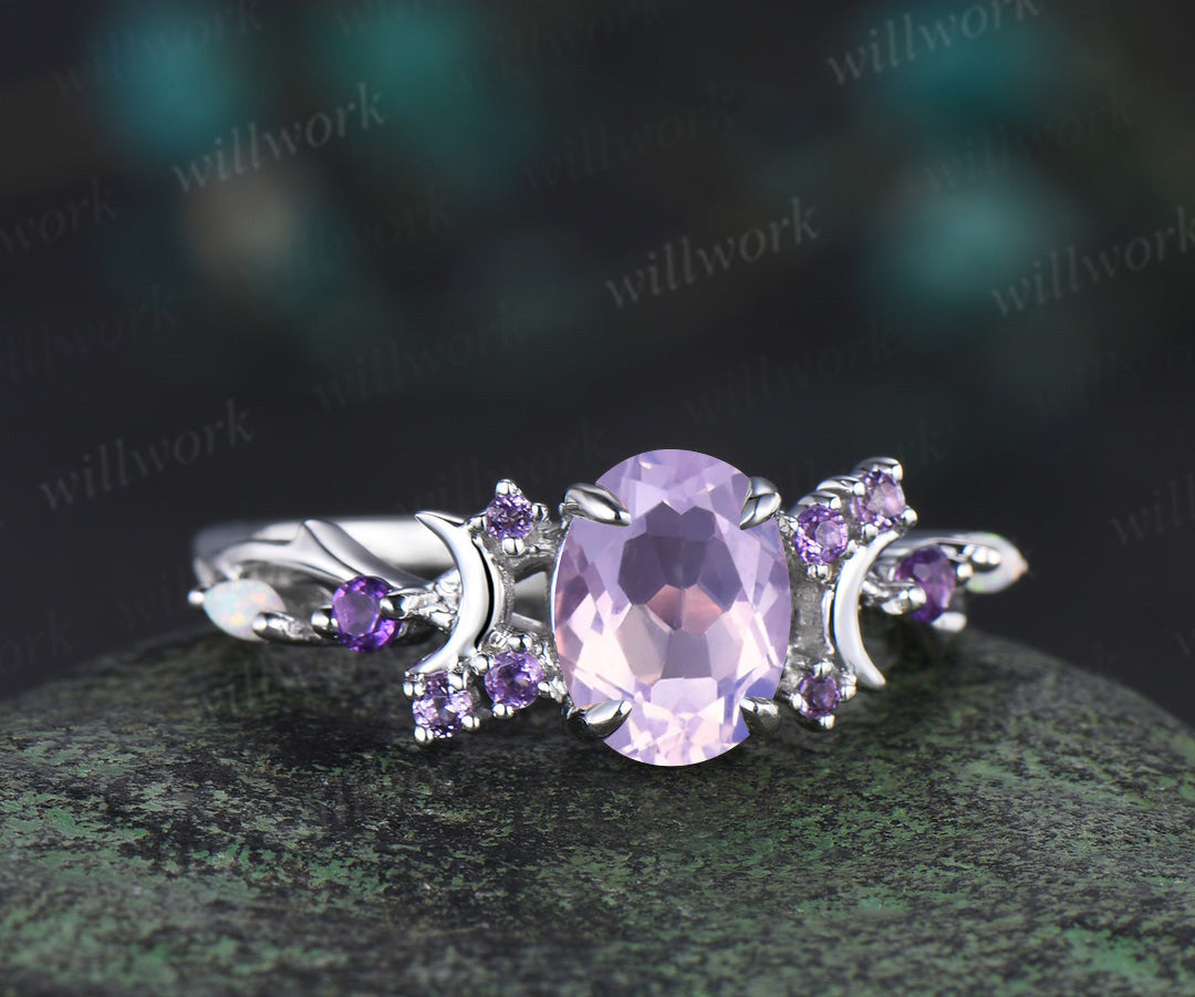 Oval lavender amethyst engagement ring vintage amethyst moon promise ring amethyst opal branch cluster wedding ring gift for women