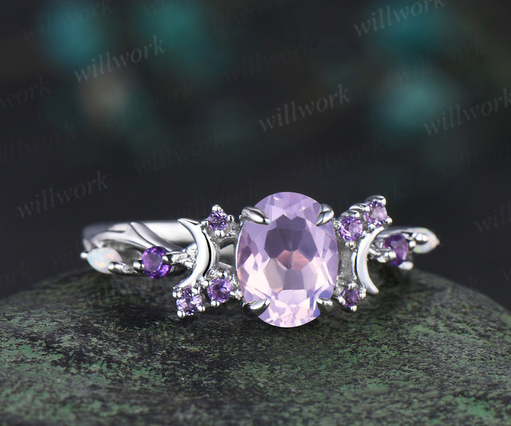 Oval lavender amethyst engagement ring vintage amethyst moon promise ring amethyst opal branch cluster wedding ring gift for women