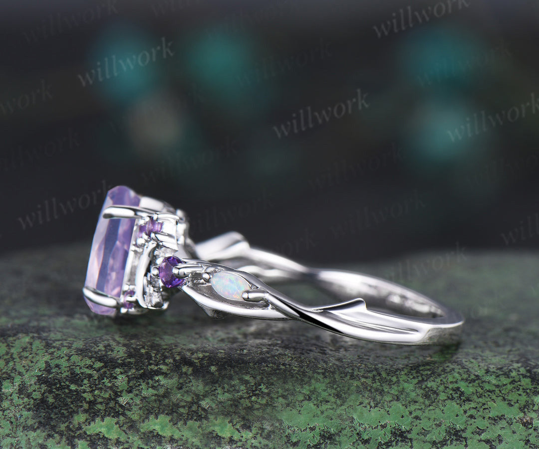 Oval lavender amethyst engagement ring vintage amethyst moon promise ring amethyst opal branch cluster wedding ring gift for women