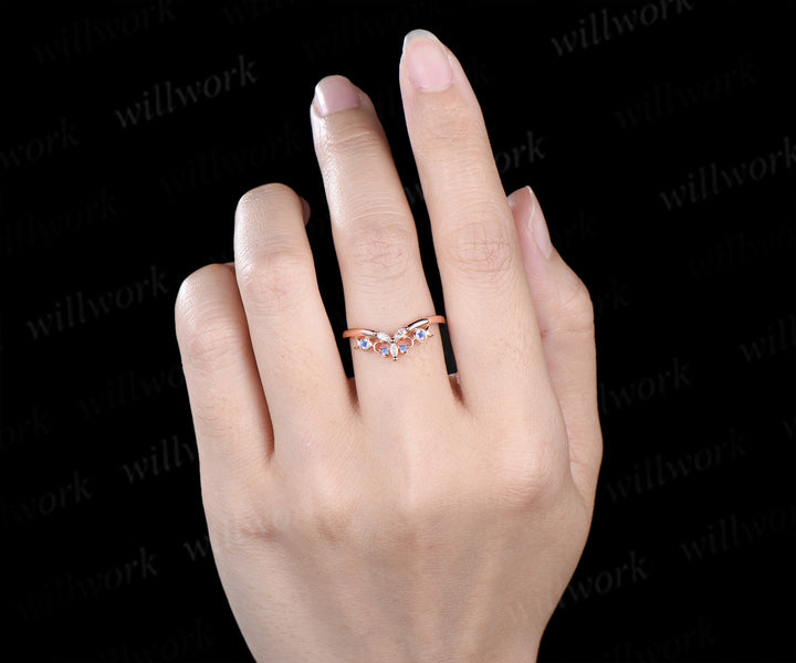 Vintage 14k rose gold moonstone wedding band marquise moissanite crescent ring natural inspired dainty stacking ring for women