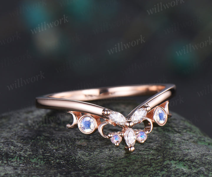 Vintage 14k rose gold moonstone wedding band marquise moissanite crescent ring natural inspired dainty stacking ring for women