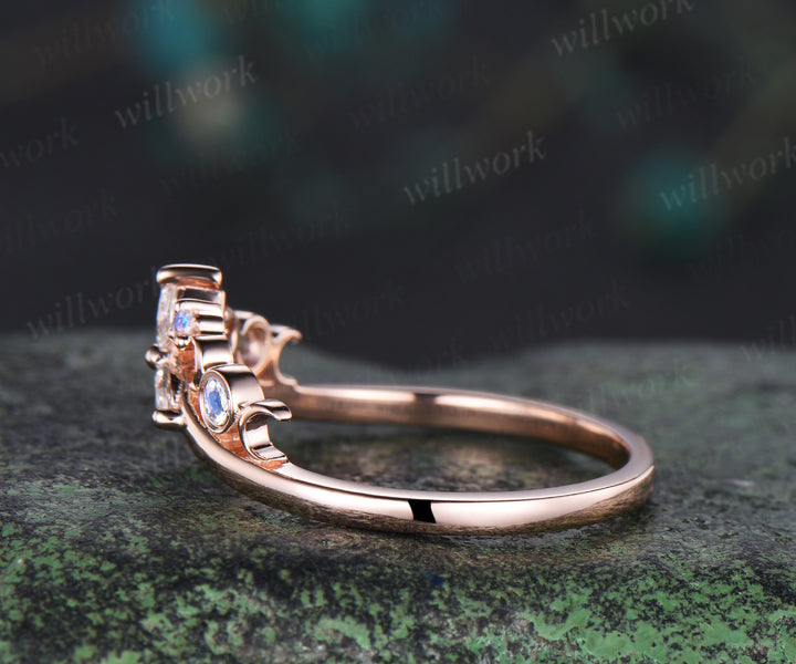 Vintage 14k rose gold moonstone wedding band marquise moissanite crescent ring natural inspired dainty stacking ring for women