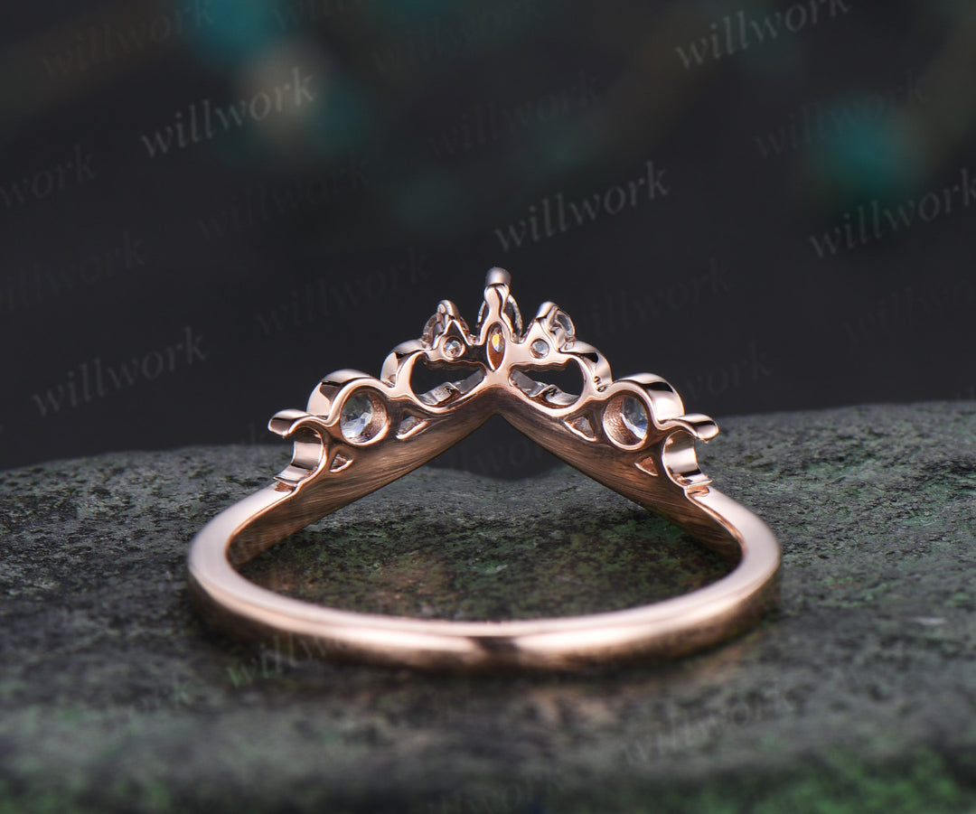 Vintage 14k rose gold moonstone wedding band marquise moissanite crescent ring natural inspired dainty stacking ring for women