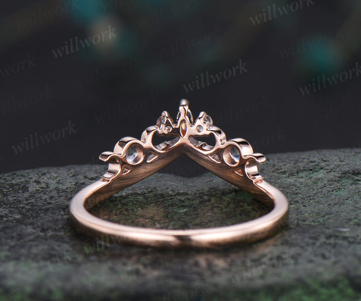 Vintage 14k rose gold moonstone wedding band marquise moissanite crescent ring natural inspired dainty stacking ring for women