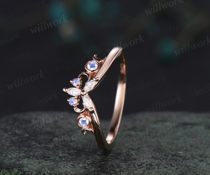 Vintage 14k rose gold moonstone wedding band marquise moissanite crescent ring natural inspired dainty stacking ring for women