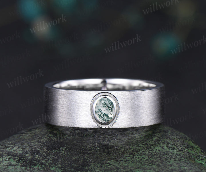 Nature Inspired Oval Cut Moss Agate Engagement Ring Set & Solitaire Moss Agate Brushed Men Wedding Band Unique Couple Ring Set
