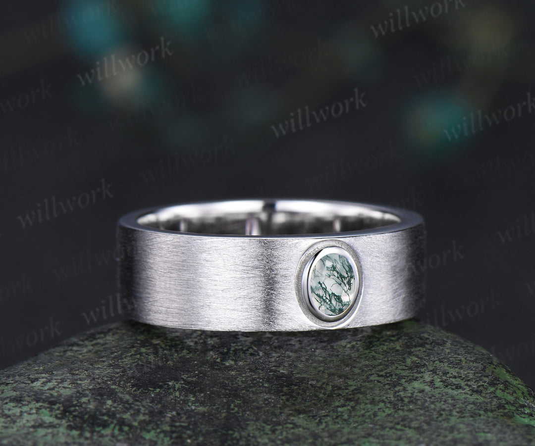 Nature Inspired Oval Cut Moss Agate Engagement Ring Set & Solitaire Moss Agate Brushed Men Wedding Band Unique Couple Ring Set
