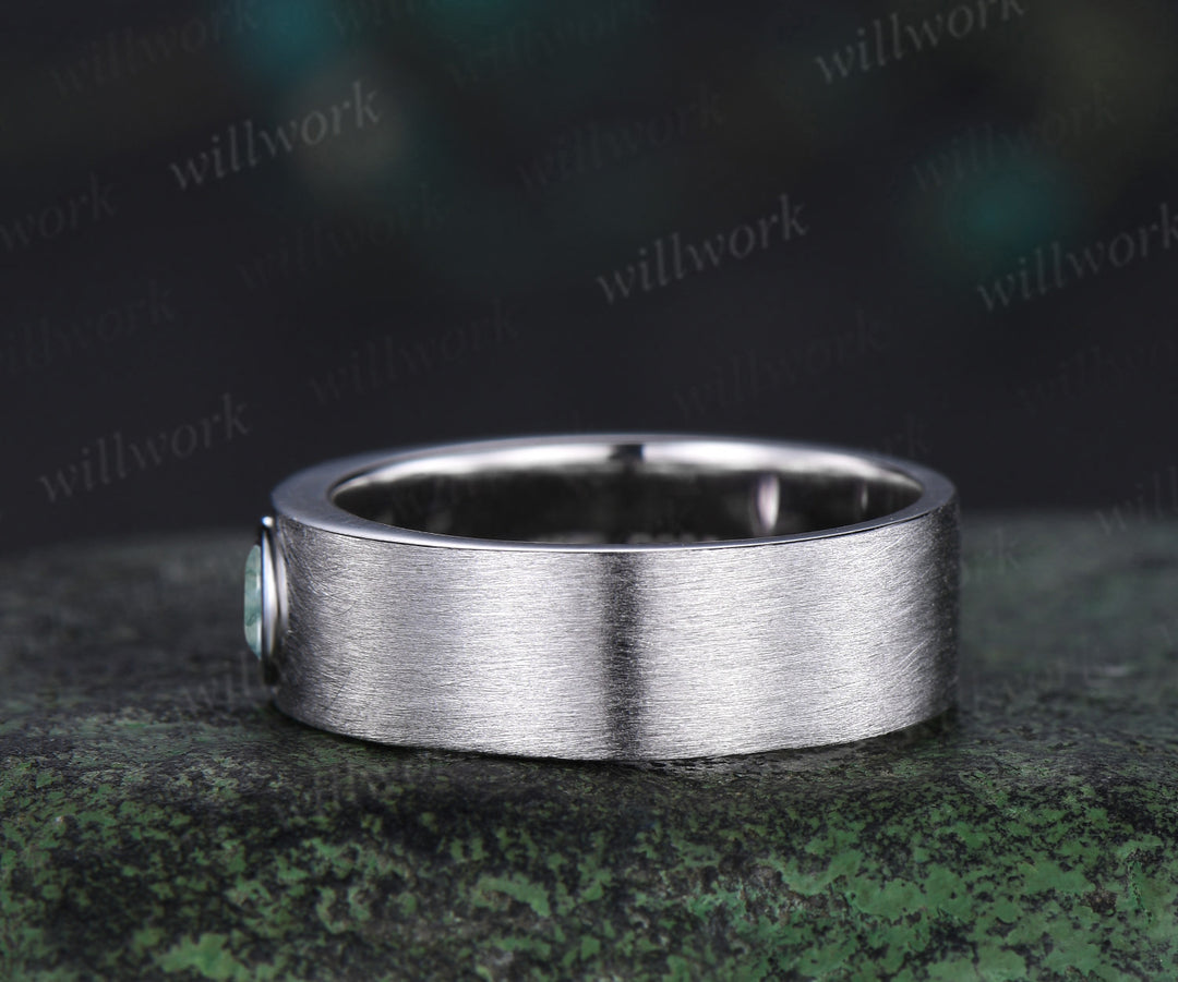 Nature Inspired Oval Cut Moss Agate Engagement Ring Set & Solitaire Moss Agate Brushed Men Wedding Band Unique Couple Ring Set