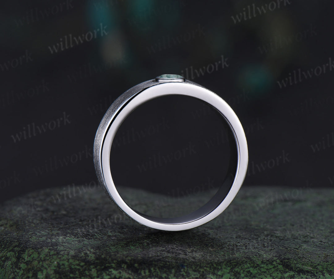 Nature Inspired Oval Cut Moss Agate Engagement Ring Set & Solitaire Moss Agate Brushed Men Wedding Band Unique Couple Ring Set
