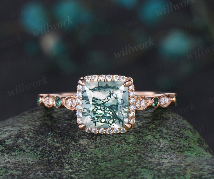 Vintage princess cut moss agate engagement ring rose gold women Milgrain halo half eternity diamond emerald wedding bridal ring set jewelry