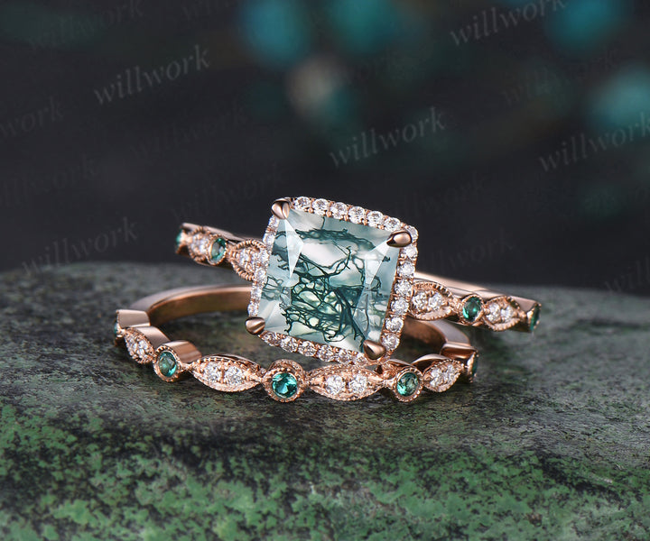 Vintage princess cut moss agate engagement ring rose gold women Milgrain halo half eternity diamond emerald wedding bridal ring set jewelry