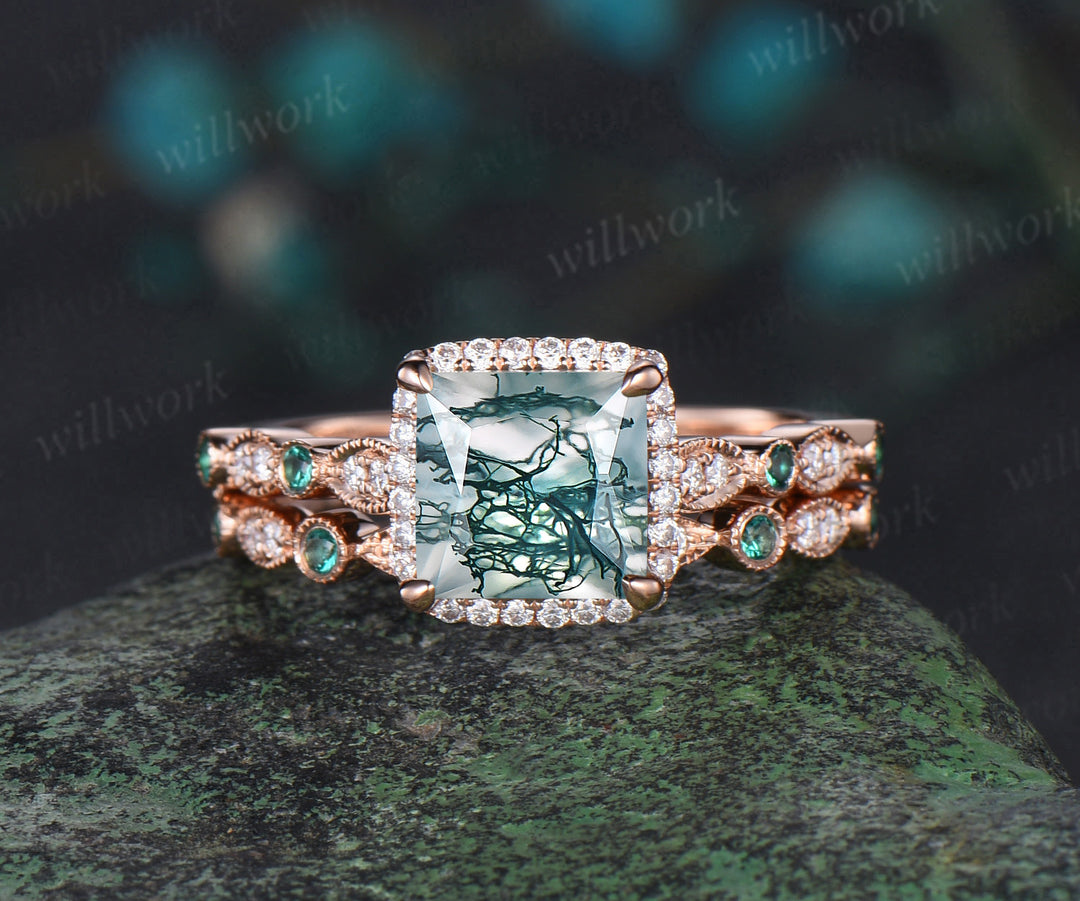 Vintage princess cut moss agate engagement ring rose gold women Milgrain halo half eternity diamond emerald wedding bridal ring set jewelry